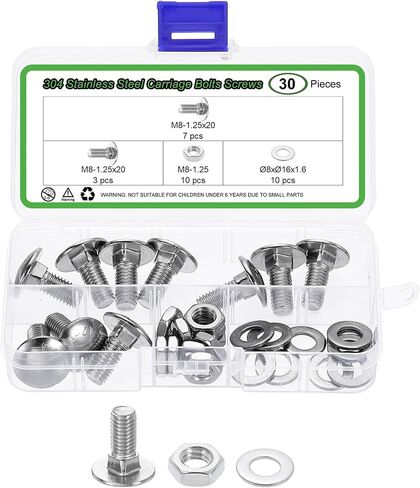 uxcell 10 Set Carriage Bolts and Nuts Kit, M8-1.25x20 Stainless Steel 304 Round Head Square Neck Carriage Bolts Screw and Hex Nuts and Flat Washers - Silver in Kuwait