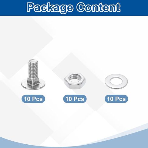 uxcell 10 Set Carriage Bolts and Nuts Kit, M8-1.25x20 Stainless Steel 304 Round Head Square Neck Carriage Bolts Screw and Hex Nuts and Flat Washers - Silver in Kuwait