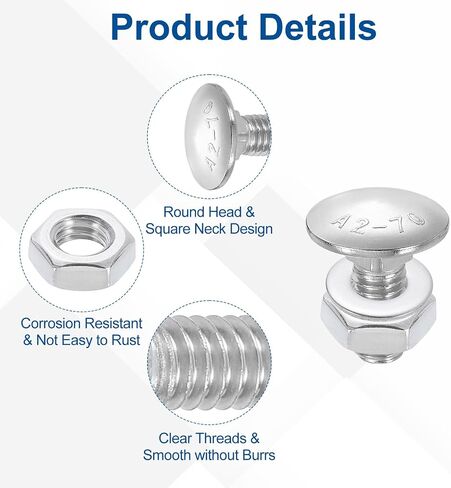 uxcell 10 Set Carriage Bolts and Nuts Kit, M8-1.25x20 Stainless Steel 304 Round Head Square Neck Carriage Bolts Screw and Hex Nuts and Flat Washers - Silver in Kuwait