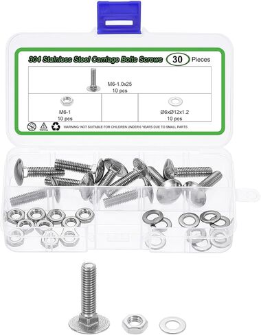 uxcell 10 Set Carriage Bolts and Nuts Kit, M8-1.25x20 Stainless Steel 304 Round Head Square Neck Carriage Bolts Screw and Hex Nuts and Flat Washers - Silver in Kuwait