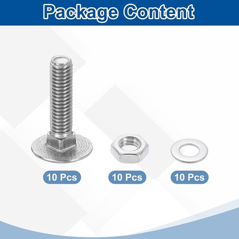uxcell 10 Set Carriage Bolts and Nuts Kit, M8-1.25x20 Stainless Steel 304 Round Head Square Neck Carriage Bolts Screw and Hex Nuts and Flat Washers - Silver in Kuwait