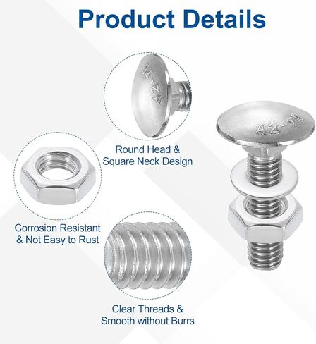 uxcell 10 Set Carriage Bolts and Nuts Kit, M8-1.25x20 Stainless Steel 304 Round Head Square Neck Carriage Bolts Screw and Hex Nuts and Flat Washers - Silver in Kuwait