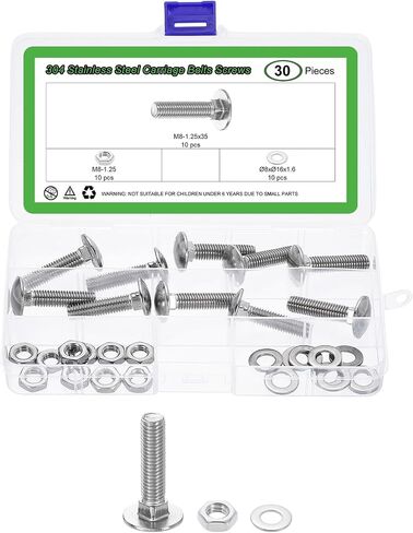 uxcell 10 Set Carriage Bolts and Nuts Kit, M8-1.25x20 Stainless Steel 304 Round Head Square Neck Carriage Bolts Screw and Hex Nuts and Flat Washers - Silver in Kuwait