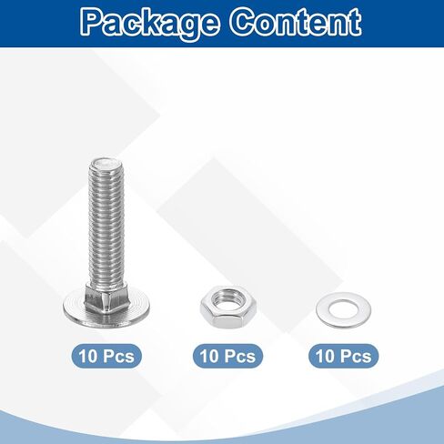 uxcell 10 Set Carriage Bolts and Nuts Kit, M8-1.25x20 Stainless Steel 304 Round Head Square Neck Carriage Bolts Screw and Hex Nuts and Flat Washers - Silver in Kuwait