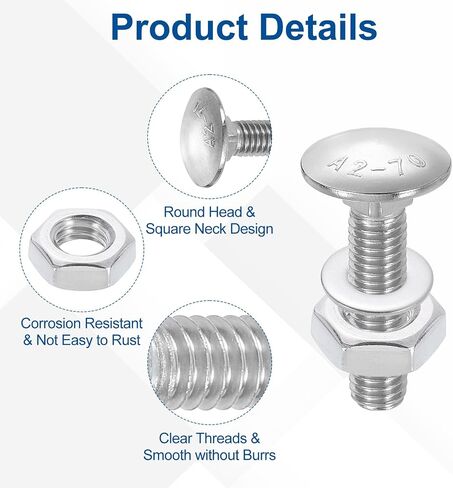 uxcell 10 Set Carriage Bolts and Nuts Kit, M8-1.25x20 Stainless Steel 304 Round Head Square Neck Carriage Bolts Screw and Hex Nuts and Flat Washers - Silver in Kuwait
