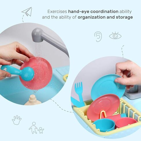 CUTE STONE Pretend Play Kitchen Sink Toys with Play Cooking Stove, Pot and Pan with Spray Realistic Light and Sound, Dish Rack & Play Cutting Food, Utensils Tableware Accessories for Kids Toddlers in Saudi Arabia