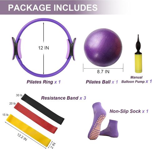 Pilates Ring and Ball Set with Resistance Bands, 12 inch Magic Circle Pilates Ring, Ideal Pilates Equipment for Home Workouts Pilates Set for Beginners, Fitness Gift in Saudi Arabia