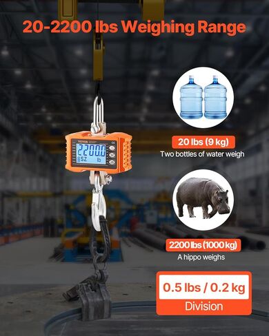 مقياس رافعة Vevor الرقمي ، 2200 رطل/1000 كيلوغرام ، مقياس شنق للخدمة الشاقة الصناعية مع التحكم عن بعد ، شاشة المصبوب من الألومنيوم وشاشة LCD ، دقة عالية للبناء ، المصنع ، المزرعة ، الصيد (Orange) in Kuwait
