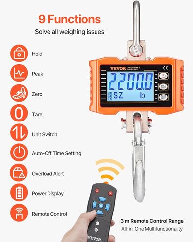 مقياس رافعة Vevor الرقمي ، 2200 رطل/1000 كيلوغرام ، مقياس شنق للخدمة الشاقة الصناعية مع التحكم عن بعد ، شاشة المصبوب من الألومنيوم وشاشة LCD ، دقة عالية للبناء ، المصنع ، المزرعة ، الصيد (Orange) in Kuwait