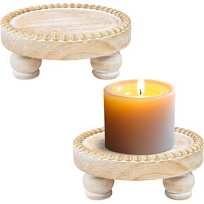 Farmhouse Round Wood Tray Riser, Pedestal Stand with Beaded Edge, Rustic Wooden Candle Trays Decor for Tiered Tray, Candle, Mug Display Decorative, Table Centerpiece, Antique White in Saudi Arabia