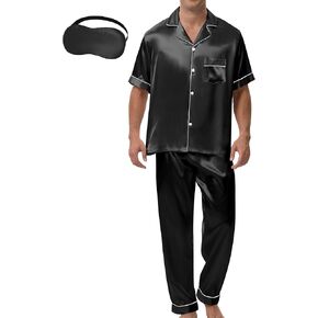 MORFORU Mens Satin Pajamas Set 2 Pcs Short Sleeve Button Down Silky Pajamas for Men Pjs Set Sleepwear with Sleep Mask in Kuwait