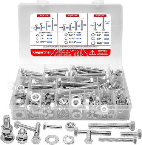 Kingarcher 252 Pcs Hex Head Nuts and Bolts Set – 1/4"-20, 5/16"-18, 3/8"-16, 304 Stainless Steel Assortment Kit with Washers and Storage Case in Saudi Arabia