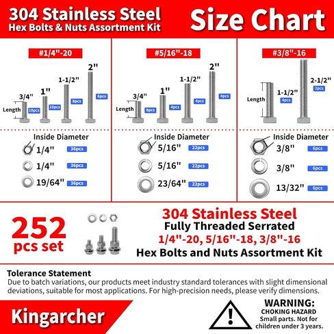 Kingarcher 252 Pcs Hex Head Nuts and Bolts Set – 1/4"-20, 5/16"-18, 3/8"-16, 304 Stainless Steel Assortment Kit with Washers and Storage Case in Saudi Arabia