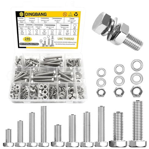 246Pcs Hex Head Nuts and Bolts Assortment Kit, Stainless Steel 1/4"-20,5/16"-18,3/8"-16 Assorted Bolts Nuts and Flat & Spring Lock Washers with Case for Home, Auto,Electronic & Industrial Repair in Saudi Arabia