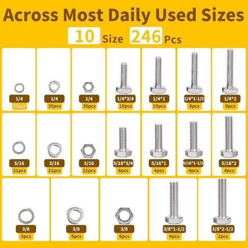 246Pcs Hex Head Nuts and Bolts Assortment Kit, Stainless Steel 1/4"-20,5/16"-18,3/8"-16 Assorted Bolts Nuts and Flat & Spring Lock Washers with Case for Home, Auto,Electronic & Industrial Repair in Saudi Arabia