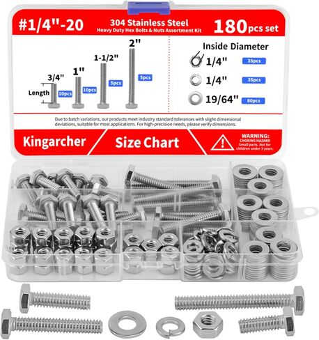 Kingarcher 252 PCS Hex Head Nuts and Bolts Set-1/4 "-20 ، 5/16" -18 ، 3/8 "-16 ، 304 Stainless Steel Kit مع غسالات وحالة تخزين in Saudi Arabia