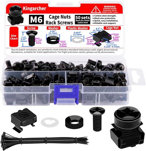 50-Pack M6 x 16mm Rack Mount Cage Nuts, Screws, and Washers – Server Rack Screws and Cage Nuts for Square-Hole Network Racks, Cabinets, and Shelves – Includes Cable Ties in Saudi Arabia