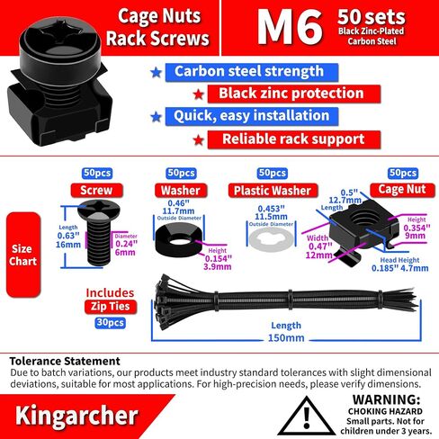 50-Pack M6 x 16mm Rack Mount Cage Nuts, Screws, and Washers – Server Rack Screws and Cage Nuts for Square-Hole Network Racks, Cabinets, and Shelves – Includes Cable Ties in Saudi Arabia