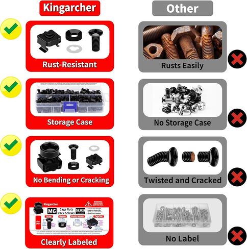 50-Pack M6 x 16mm Rack Mount Cage Nuts, Screws, and Washers – Server Rack Screws and Cage Nuts for Square-Hole Network Racks, Cabinets, and Shelves – Includes Cable Ties in Saudi Arabia