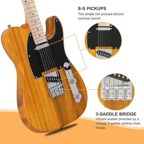 Glarry 39 "GTL Electric Guitar لمحبي الموسيقى ، SS Pickups Maple Fingerboard مع حقيبة الغيتار حزمة الإكسسوارات (أصفر شفاف) in Kuwait