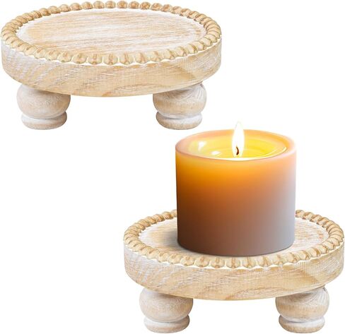 Farmhouse Round Wood Tray Riser, Pedestal Stand with Beaded Edge, Rustic Wooden Candle Trays Decor for Tiered Tray, Candle, Mug Display Decorative, Table Centerpiece, Antique White in Saudi Arabia