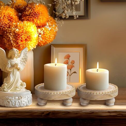 Farmhouse Round Wood Tray Riser, Pedestal Stand with Beaded Edge, Rustic Wooden Candle Trays Decor for Tiered Tray, Candle, Mug Display Decorative, Table Centerpiece, Antique White in Saudi Arabia