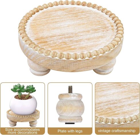 Farmhouse Round Wood Tray Riser, Pedestal Stand with Beaded Edge, Rustic Wooden Candle Trays Decor for Tiered Tray, Candle, Mug Display Decorative, Table Centerpiece, Antique White in Saudi Arabia
