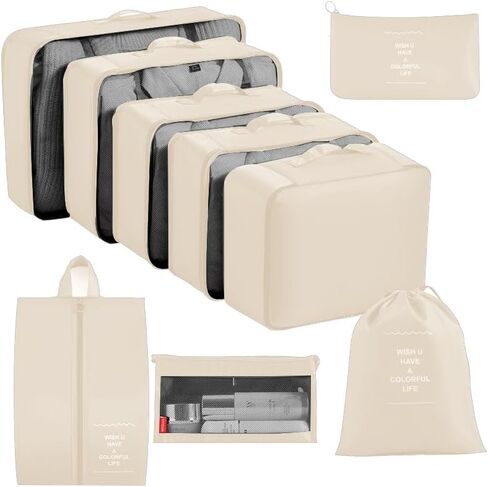 Compression Packing Cubes for Travel 6 Sets, Luggage Space Saving Travel Essentials Accessories for Suitcase Organizer Bags Set, Durable Organizer Bags (cream) in Saudi Arabia