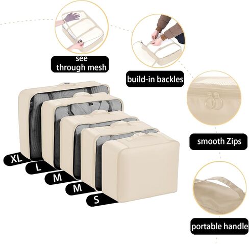 Compression Packing Cubes for Travel 6 Sets, Luggage Space Saving Travel Essentials Accessories for Suitcase Organizer Bags Set, Durable Organizer Bags (cream) in Saudi Arabia