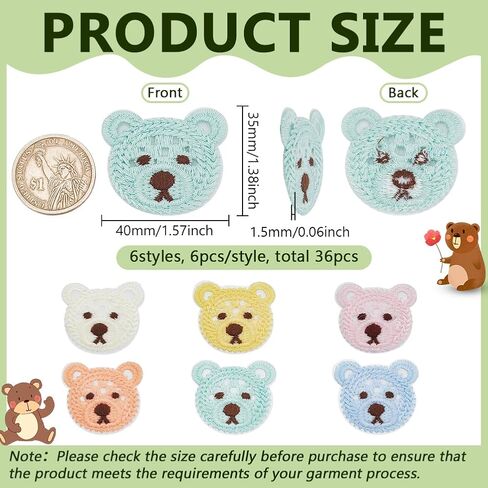 FINGERINSPIRE 36 Pcs 6 Colors Crochet Bear Head Applique Patches 1.9x1.9inch Cartoon Animal Sew On Appliques Little Bear Crochet Knitted Patches Cute Bear Knitted Handmade Applique Patch for Clothing in Saudi Arabia