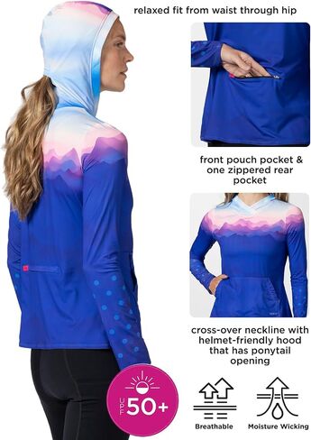Terry Soleil Hoody Cycling Jersey Top for Women ، Athletic Fit Upf 50+ خفيفة الوزن حماية من أشعة الشمس المشي لمسافات طويلة في الهواء الطلق in Saudi Arabia