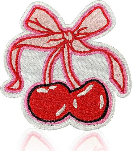 Cherries with Bow Patch 3" Cute Pink Coquette Aesthetic Embroidered Patches for Backpack, Hat, Jackets, Iron On Sew On, Uniform DIY Embroidery PVC Patches Gift, Accessories for Him Her 3 Inch in Kuwait