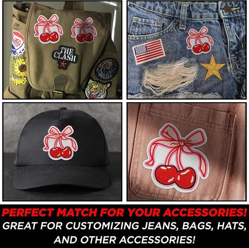 Cherries with Bow Patch 3" Cute Pink Coquette Aesthetic Embroidered Patches for Backpack, Hat, Jackets, Iron On Sew On, Uniform DIY Embroidery PVC Patches Gift, Accessories for Him Her 3 Inch in Kuwait