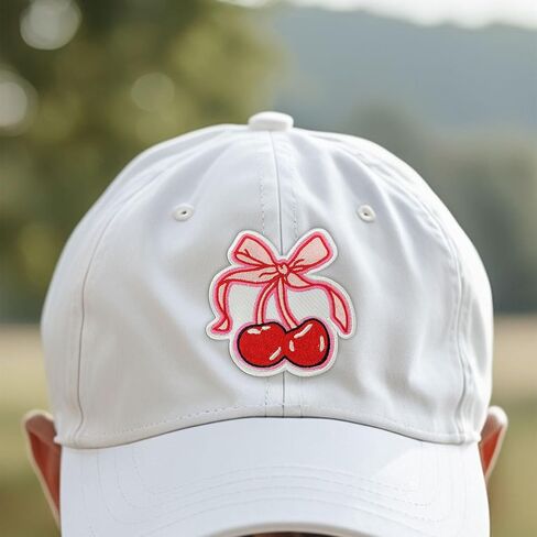 Cherries with Bow Patch 3" Cute Pink Coquette Aesthetic Embroidered Patches for Backpack, Hat, Jackets, Iron On Sew On, Uniform DIY Embroidery PVC Patches Gift, Accessories for Him Her 3 Inch in Kuwait