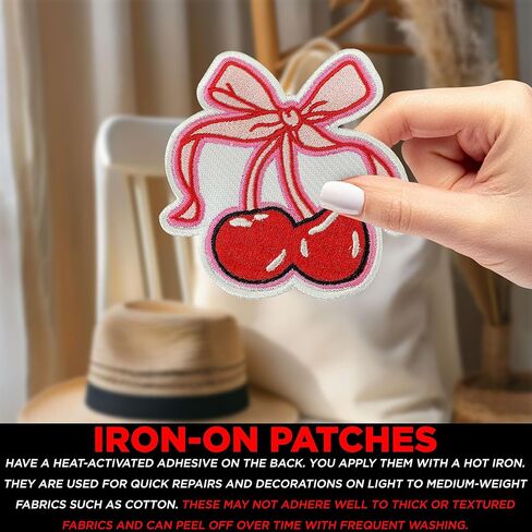 Cherries with Bow Patch 3" Cute Pink Coquette Aesthetic Embroidered Patches for Backpack, Hat, Jackets, Iron On Sew On, Uniform DIY Embroidery PVC Patches Gift, Accessories for Him Her 3 Inch in Kuwait