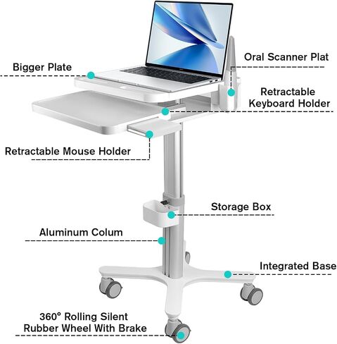 Kalolary Medical Trolley Cart,Height Adjustable Medical Laptop Workstation Trolley Cart with Wheels Dental Clinic Carts with Laptop Pallet,Oral Scanner Holder,Keyboard Holder&Storage Box for Hospital in Saudi Arabia