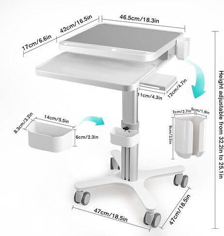 Kalolary Medical Trolley Cart,Height Adjustable Medical Laptop Workstation Trolley Cart with Wheels Dental Clinic Carts with Laptop Pallet,Oral Scanner Holder,Keyboard Holder&Storage Box for Hospital in Saudi Arabia