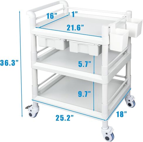 Medical Mobile Trolley Cart 3 Tier 500 Lbs Spacious Beauty Salon Rolling Trolley with Dirt Buckets Drawers 360°Rotate Wheels Heavy Duty Medical Utility Cart for Hospital Dental Clinic in Saudi Arabia