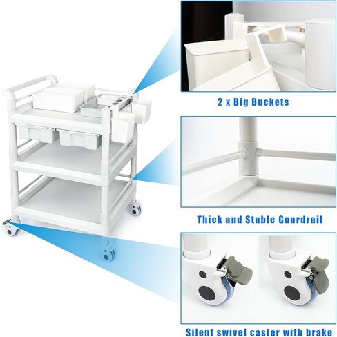 Medical Mobile Trolley Cart 3 Tier 500 Lbs Spacious Beauty Salon Rolling Trolley with Dirt Buckets Drawers 360°Rotate Wheels Heavy Duty Medical Utility Cart for Hospital Dental Clinic in Saudi Arabia