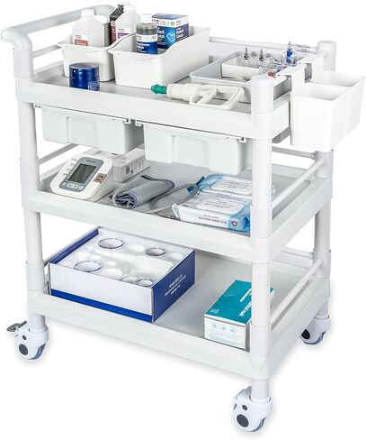 Medical Mobile Trolley Cart 3 Tier 500 Lbs Spacious Beauty Salon Rolling Trolley with Dirt Buckets Drawers 360°Rotate Wheels Heavy Duty Medical Utility Cart for Hospital Dental Clinic in Saudi Arabia