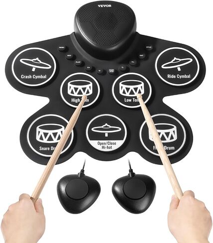 VEVOR Electric Drum Set, 9 Pads, Roll-up Drum Practice Pad, Electronic Drumset with Headphone Jack, Stand, Double Pedals, Light Up Drum Sticks, Built-in Dual Speakers, Instrument Toy for Kids Ages 3+ in Saudi Arabia