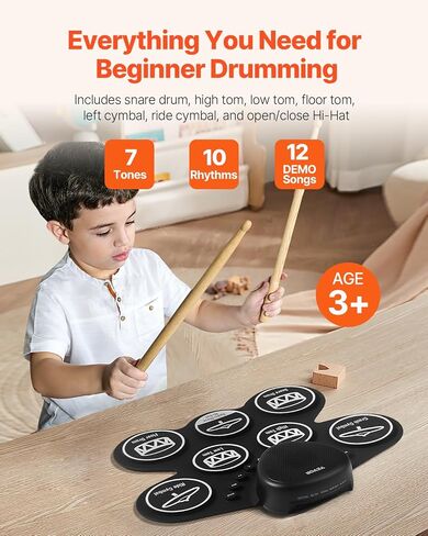 VEVOR Electric Drum Set, 9 Pads, Roll-up Drum Practice Pad, Electronic Drumset with Headphone Jack, Stand, Double Pedals, Light Up Drum Sticks, Built-in Dual Speakers, Instrument Toy for Kids Ages 3+ in Saudi Arabia