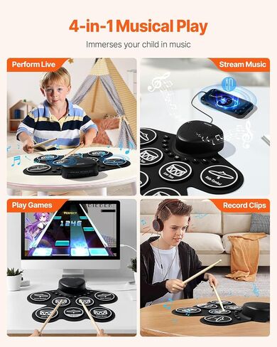 VEVOR Electric Drum Set, 9 Pads, Roll-up Drum Practice Pad, Electronic Drumset with Headphone Jack, Stand, Double Pedals, Light Up Drum Sticks, Built-in Dual Speakers, Instrument Toy for Kids Ages 3+ in Saudi Arabia