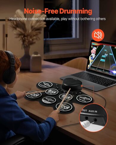 VEVOR Electric Drum Set, 9 Pads, Roll-up Drum Practice Pad, Electronic Drumset with Headphone Jack, Stand, Double Pedals, Light Up Drum Sticks, Built-in Dual Speakers, Instrument Toy for Kids Ages 3+ in Saudi Arabia