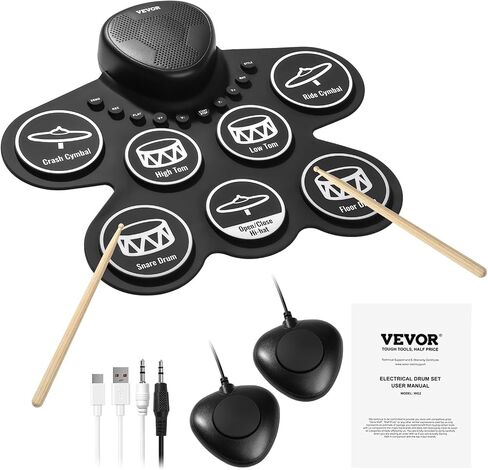 VEVOR Electric Drum Set, 9 Pads, Roll-up Drum Practice Pad, Electronic Drumset with Headphone Jack, Stand, Double Pedals, Light Up Drum Sticks, Built-in Dual Speakers, Instrument Toy for Kids Ages 3+ in Saudi Arabia