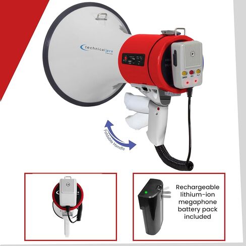 Pro Technical Pro Portable 75-Watt Megaphone Bullhorn Speaker W/Microphone قابل للفصل مع بطارية قابلة لإعادة الشحن ، وشاحن جدار AC مدمج ، جيد للمدربين ، كرة القدم ، المدربين ، قادة البهجة in Kuwait