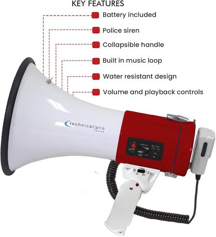 Pro Technical Pro Portable 75-Watt Megaphone Bullhorn Speaker W/Microphone قابل للفصل مع بطارية قابلة لإعادة الشحن ، وشاحن جدار AC مدمج ، جيد للمدربين ، كرة القدم ، المدربين ، قادة البهجة in Kuwait
