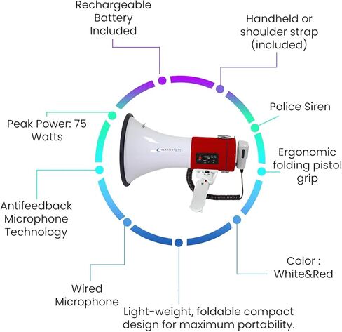 Pro Technical Pro Portable 75-Watt Megaphone Bullhorn Speaker W/Microphone قابل للفصل مع بطارية قابلة لإعادة الشحن ، وشاحن جدار AC مدمج ، جيد للمدربين ، كرة القدم ، المدربين ، قادة البهجة in Kuwait