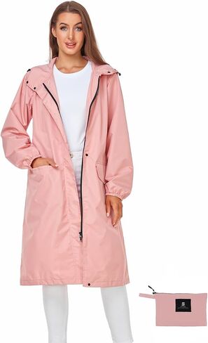 SaphiRose Women's Long Rain Jacket Waterproof Lightweight Hooded Raincoat Packable Knee Length Rain coat in Kuwait