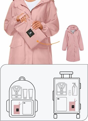 SaphiRose Women's Long Rain Jacket Waterproof Lightweight Hooded Raincoat Packable Knee Length Rain coat in Kuwait